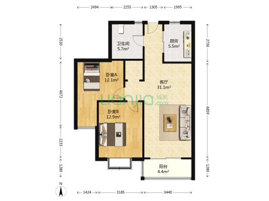西海景苑 2室1厅1卫 93平方