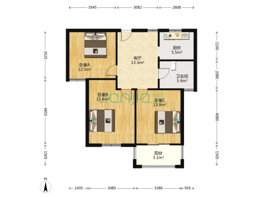 龙田花苑一期 3室1厅1卫 94平方