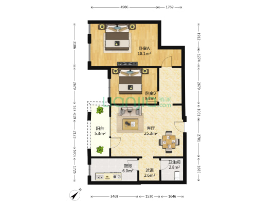万科金色家园二期 2室1厅1卫 85平方