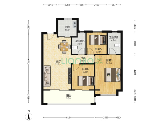 新城铭著风华 3室1厅2卫 96平方
