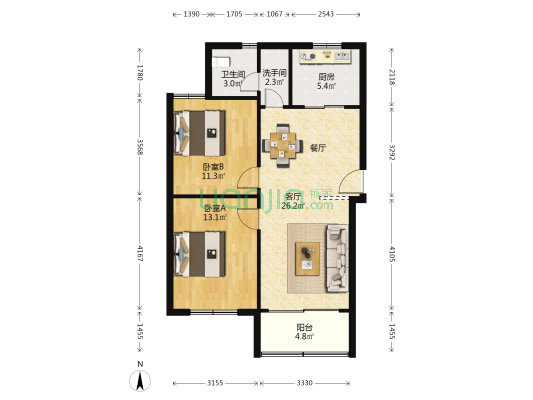 普政苑 2室1厅2卫 83平方