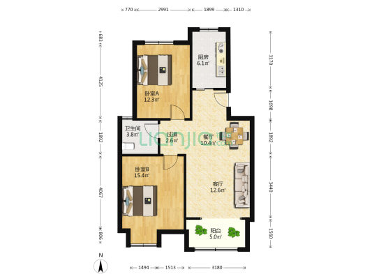 文星花苑 2室2厅1卫 81平方