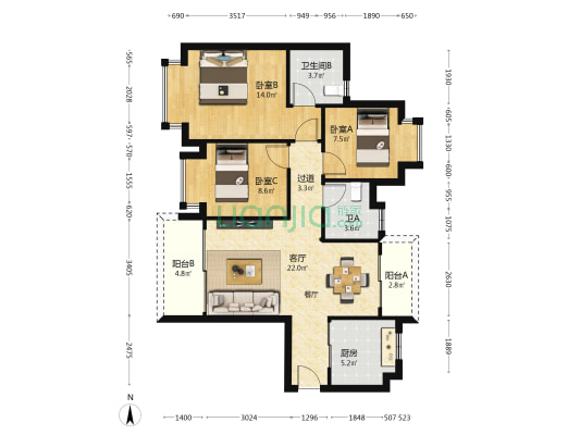 恒大滨江左岸花园 3室1厅2卫 102平方
