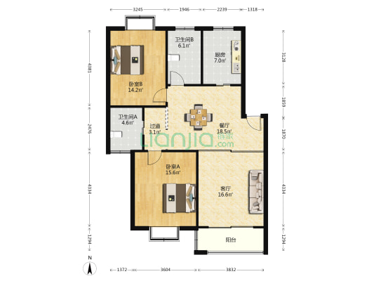 富荣花园 2室2厅2卫 113平方
