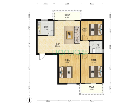 临江新天地美墩苑 3室1厅1卫 105平方