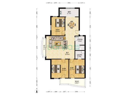钱潮花园 3室1厅2卫 117平方