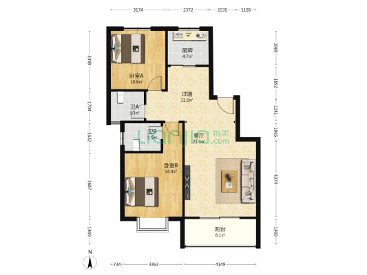 大城小院 2室1厅2卫 106平方