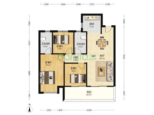 正弘公园毓秀 3室1厅2卫 107平方
