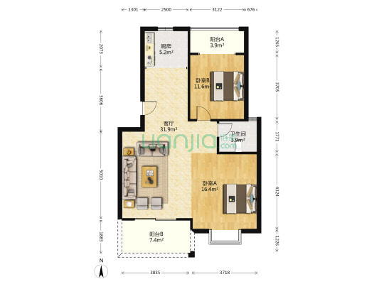 凤华名邸 2室1厅1卫 93平方