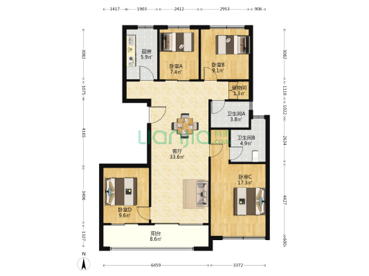 翡翠四季 4室1厅2卫 123平方