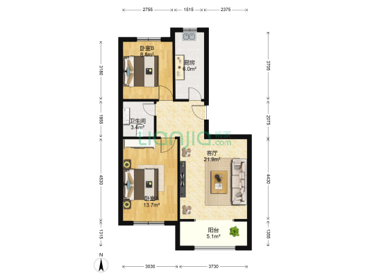 北苑桐城 2室1厅1卫 84平方