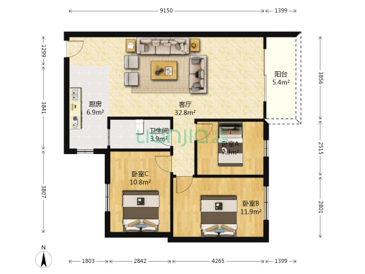 华章大厦 3室1厅1卫 96平方