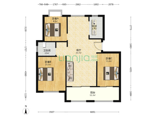 乐富强悦融湾 3室1厅1卫 112平方