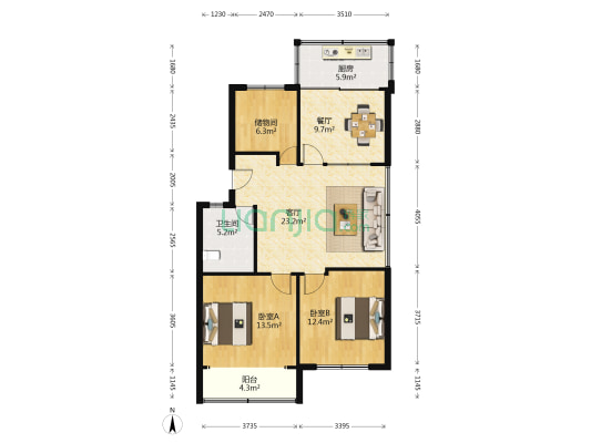 福利莱南山花园 2室2厅1卫 101平方