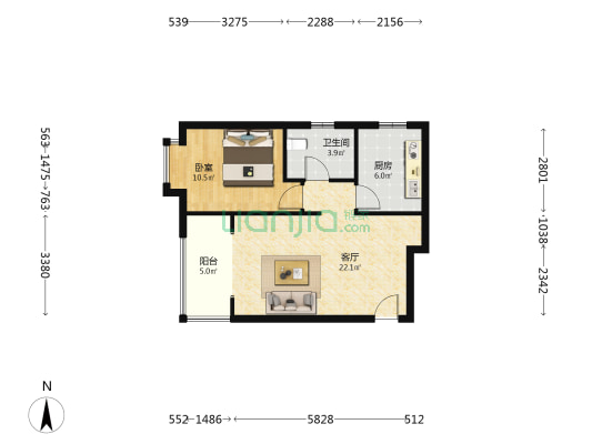 鸿坤精装一居室，满五年唯一税费少-户型图