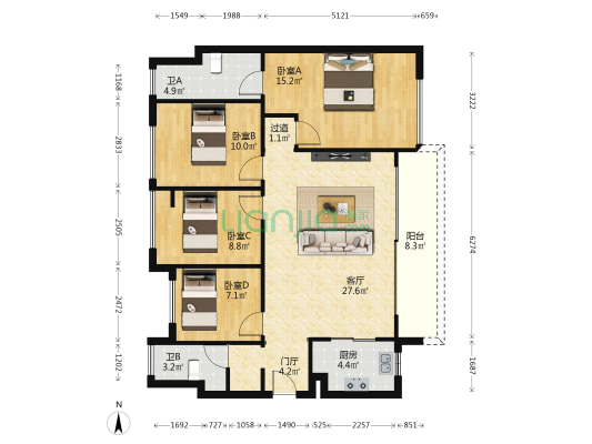龙光金辉优步学府 4室1厅2卫 115平方