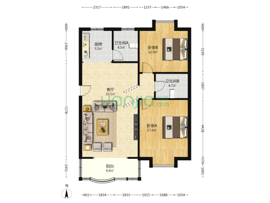华银苑 2室1厅2卫 103平方