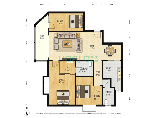 金色湖城 3室1厅2卫 136平方