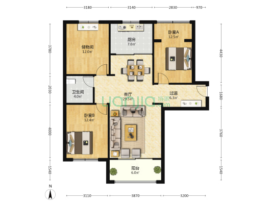 向湖城2期 2室1厅1卫 121平方