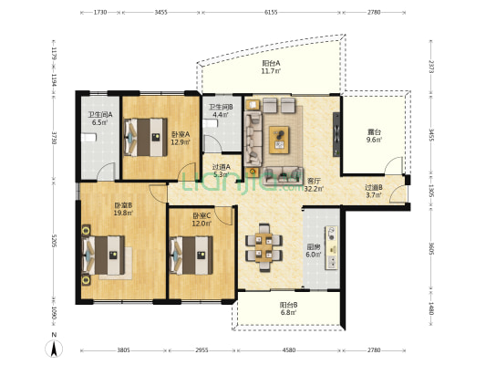 汇金时代广场 3室1厅2卫 135平方
