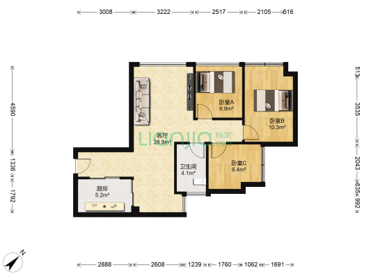 蓝光东方天地 3室1厅1卫 73平方
