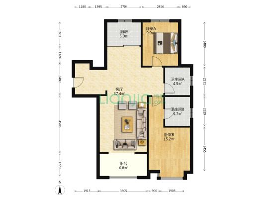 香邑溪谷 2室1厅 南 北-户型图