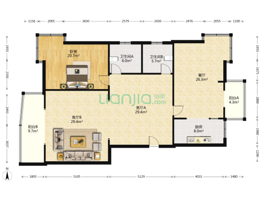 河畔明珠 1室3厅2卫 180平方