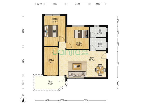 雲海花園 3室1厅1卫 95平方