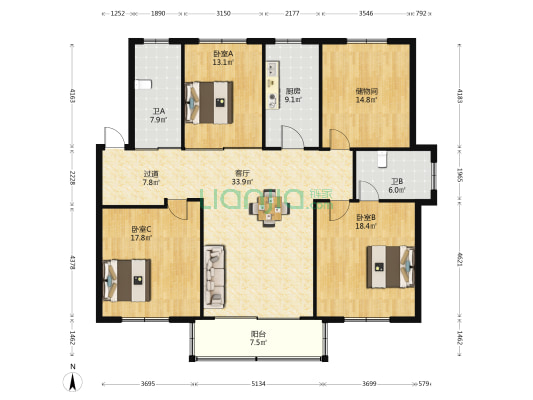 如意公寓 3室1厅2卫 160平方