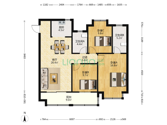 翼天中梁云璟 3室1厅2卫 118平方