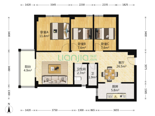 崇安鑫城 3室1厅2卫 97平方