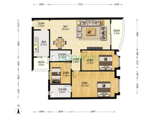 御景园 3室1厅2卫 106平方