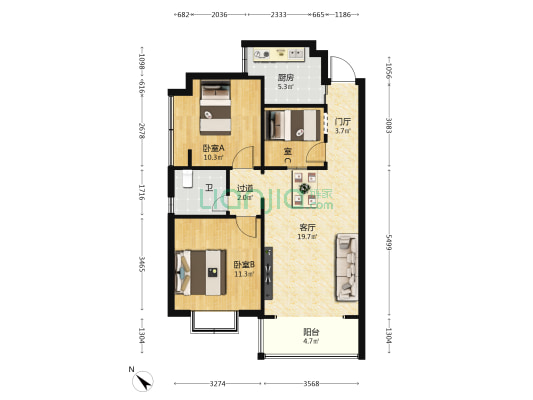 龙凤花园 3室1厅1卫 86平方