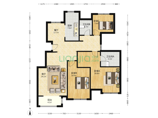 花园小区封闭管理，一梯两户电梯洋房，毛坯房随意装修-户型图
