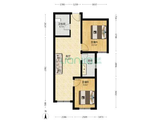 恒大滨河左岸北区 2室1厅1卫 80平方
