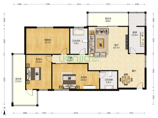 百合家园 2室1厅2卫 196平方