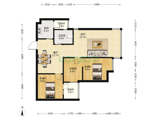 汇都国际 2室2厅1卫 99平方