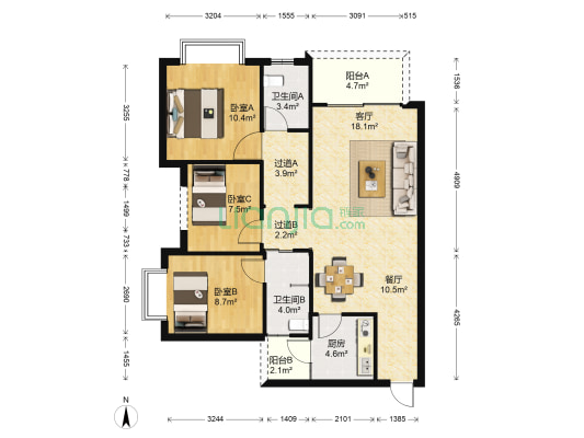 金科时代中心 3室2厅2卫 103平方