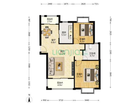 南北周 2室2厅1卫 91平方