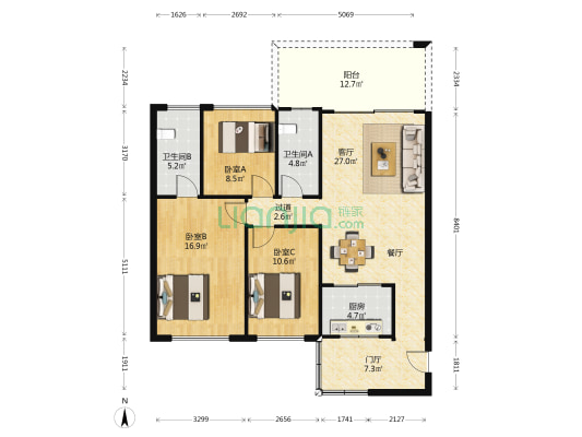 聚德豪庭 3室1厅2卫 113平方