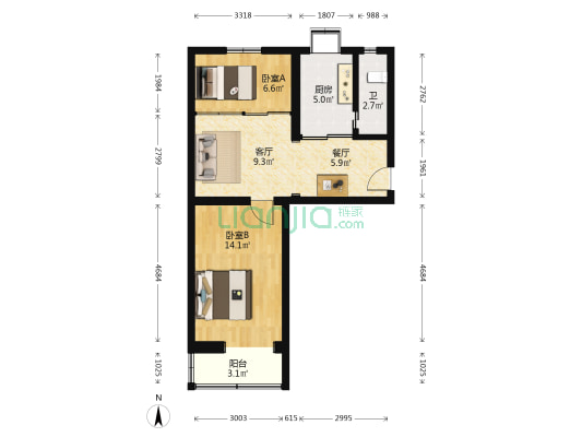 财贸干校宿舍楼 2室2厅1卫 62平方