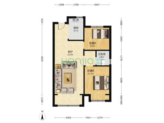 万达星光半岛二期 2室1厅1卫 88平方