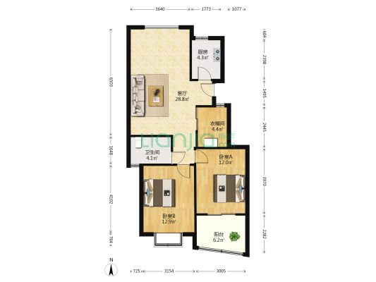 东润枫景花园 2室1厅1卫 88平方