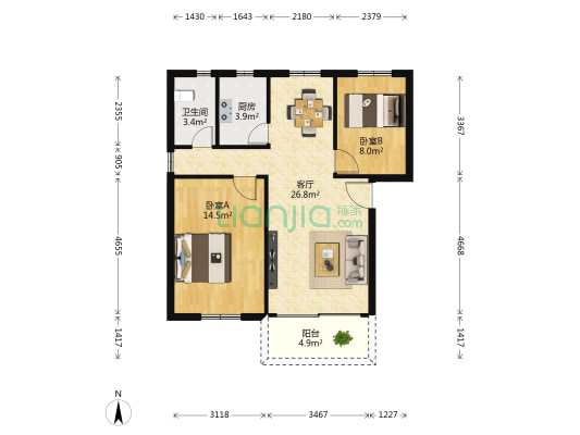 新洲花园 2室1厅1卫 75平方