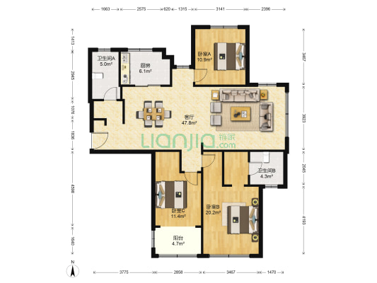 湖滨华城幸福苑 3室1厅2卫 134平方