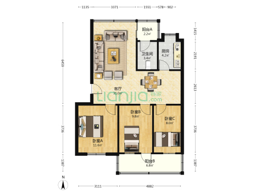 普天小区 3室1厅1卫 87平方