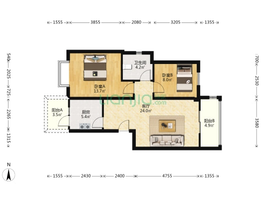 和谐家园西区 2室1厅1卫 80平方
