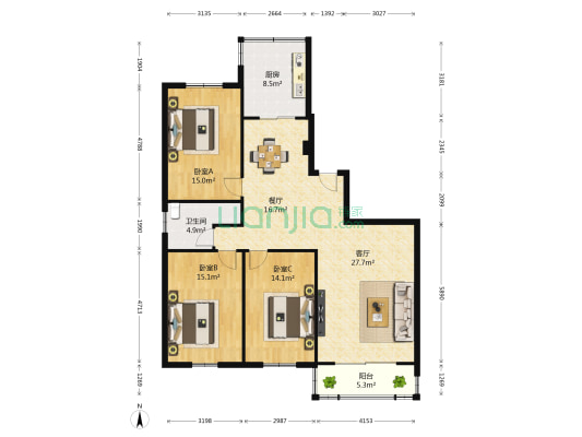 欧亚园林·学府世家 3室2厅1卫 90平方