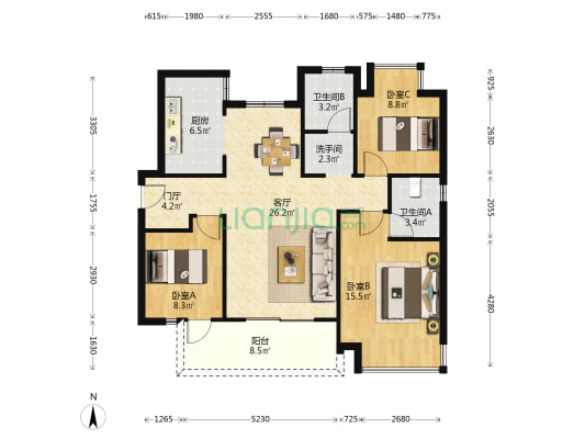 华发首府一期 3室1厅3卫 124平方