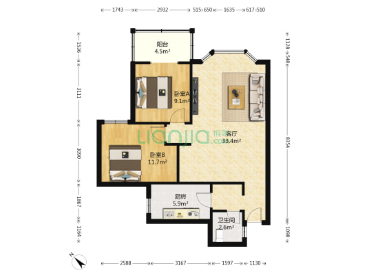 欣民苑 2室1厅1卫 84平方